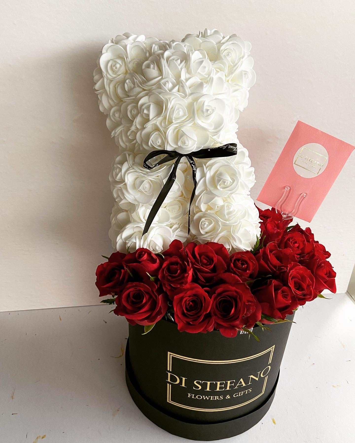 Floral foam teddy bear and rose hatbox(red roses/white bear)