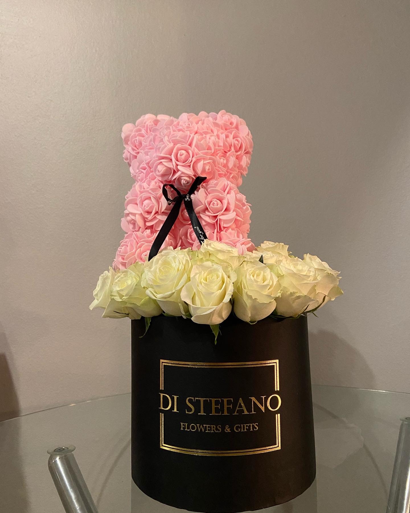 Floral foam teddy bear and rose hatbox