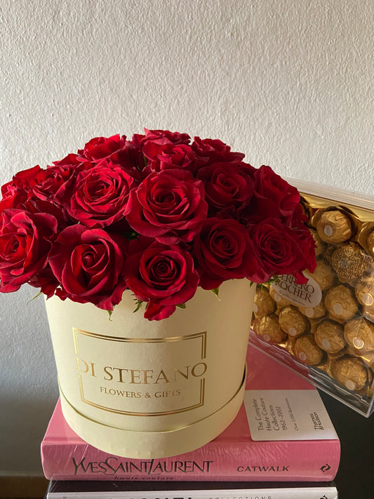 Large red rose hatbox & Ferrero Rocher chocolates