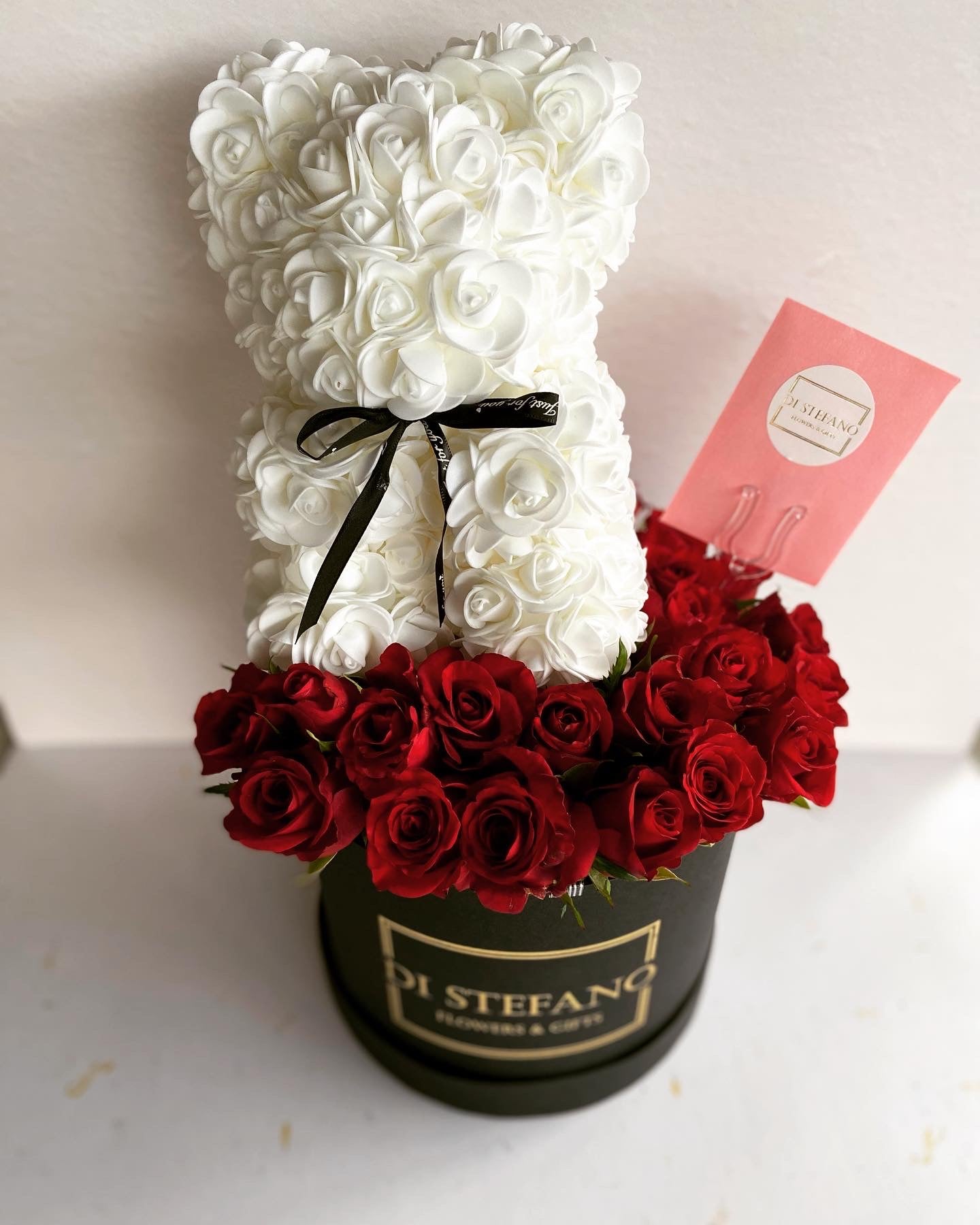 Floral foam teddy bear and rose hatbox(red roses/white bear)