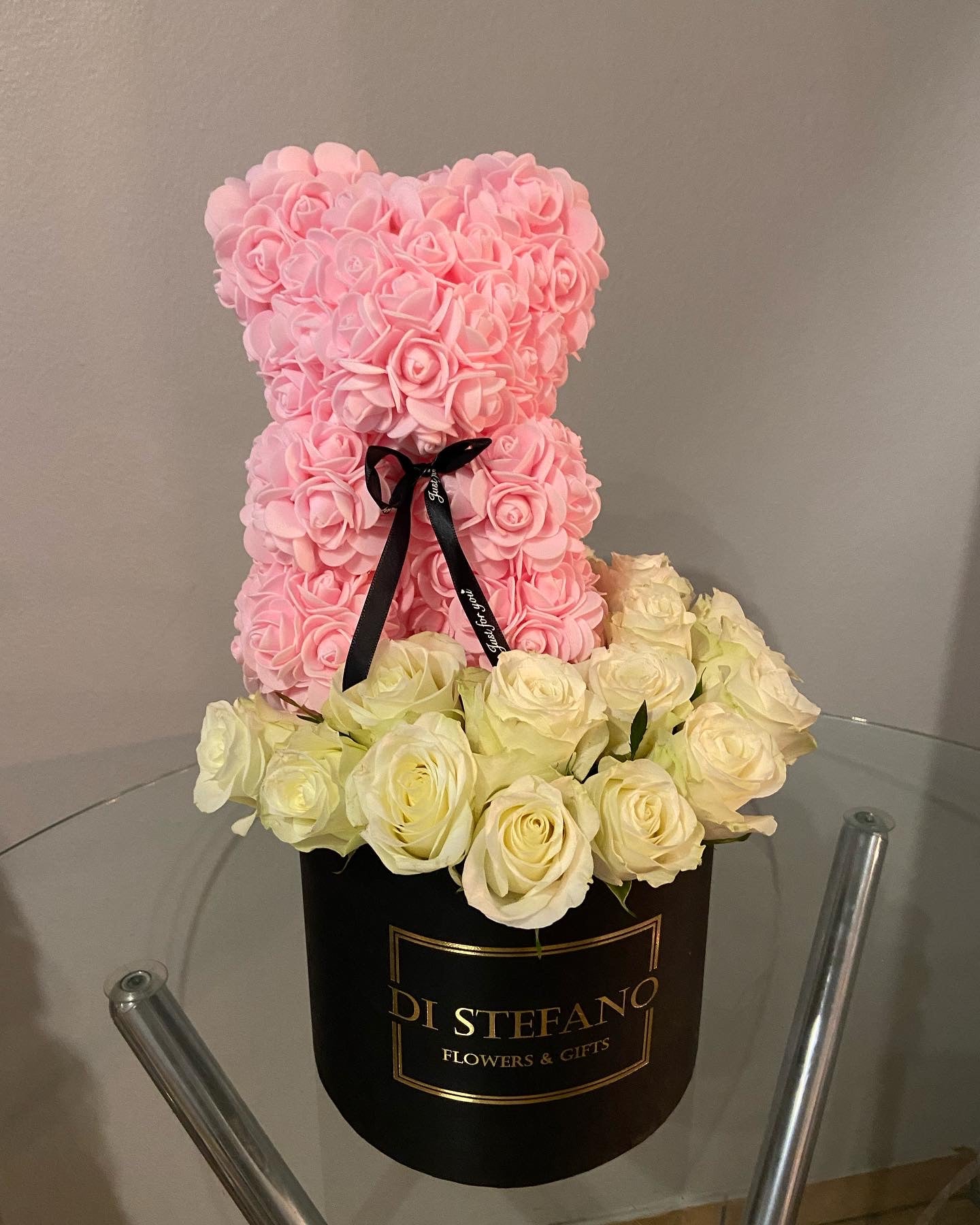 Floral foam teddy bear and rose hatbox