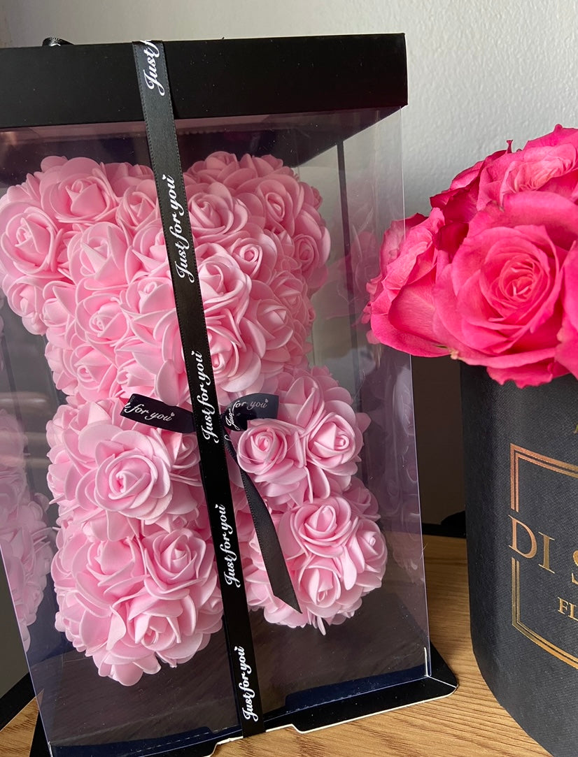 Large rose hatbox & floral foam forever teddy bear display