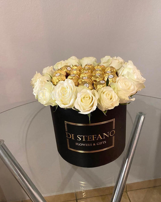 Large hatbox of white/cream roses and Ferrero Rocher