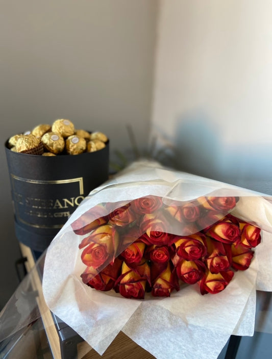 Rose bouquet and Ferrero Rocher hatbox